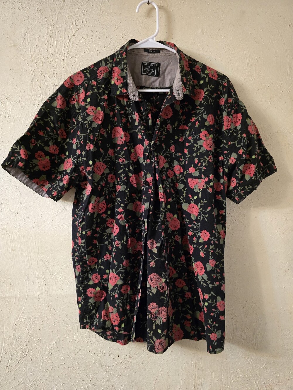 Short-Sleeve Floral Button-Down Shirt - Black with Pink Roses